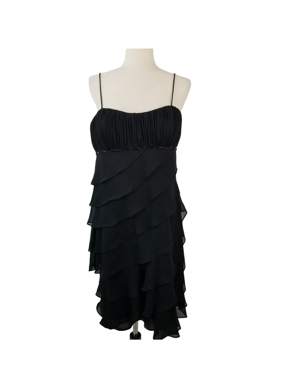 SL Fashions Black Tiered Ruffle Lined Chiffon Dress Spaghetti Straps   Medium